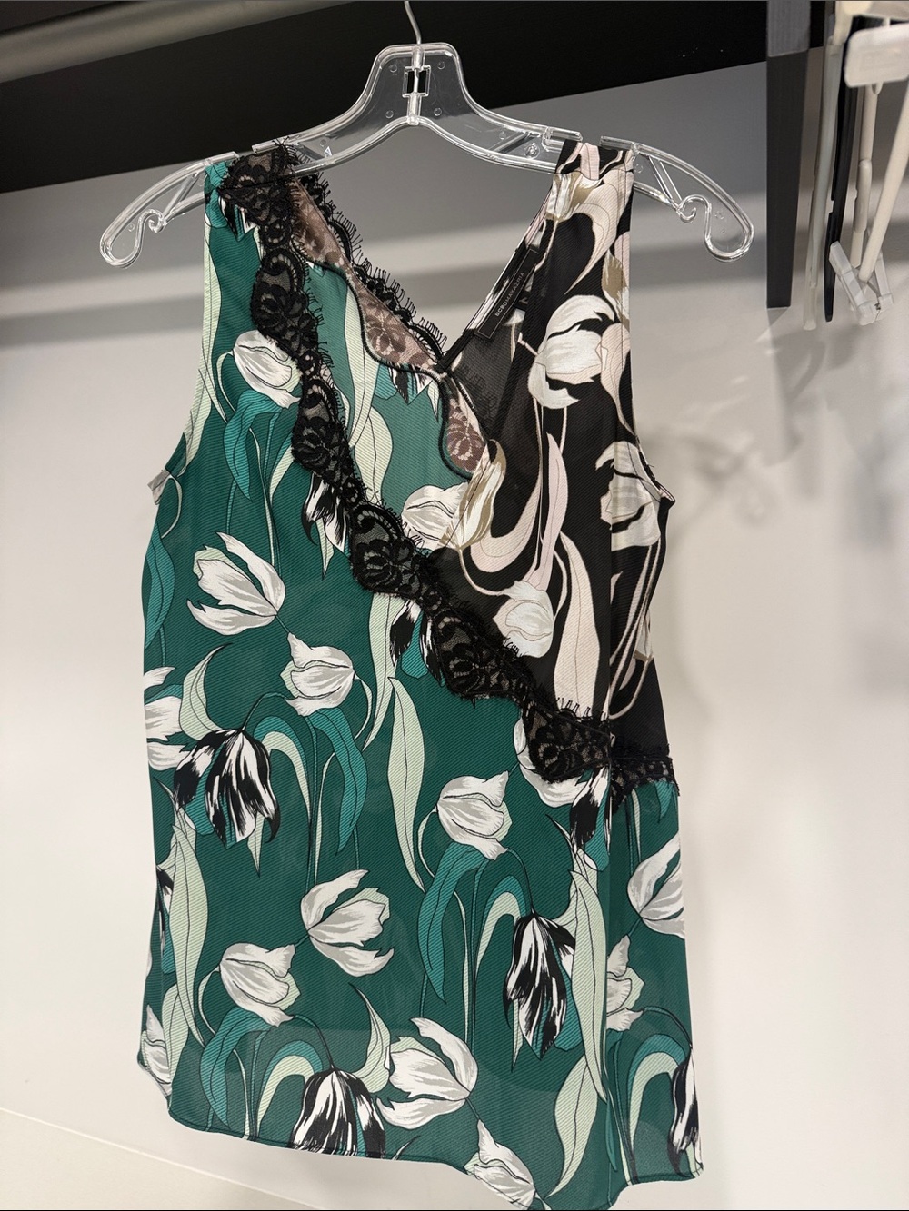 BCBGMaxAzria Green and Black Floral Lace-Trim Camisole
